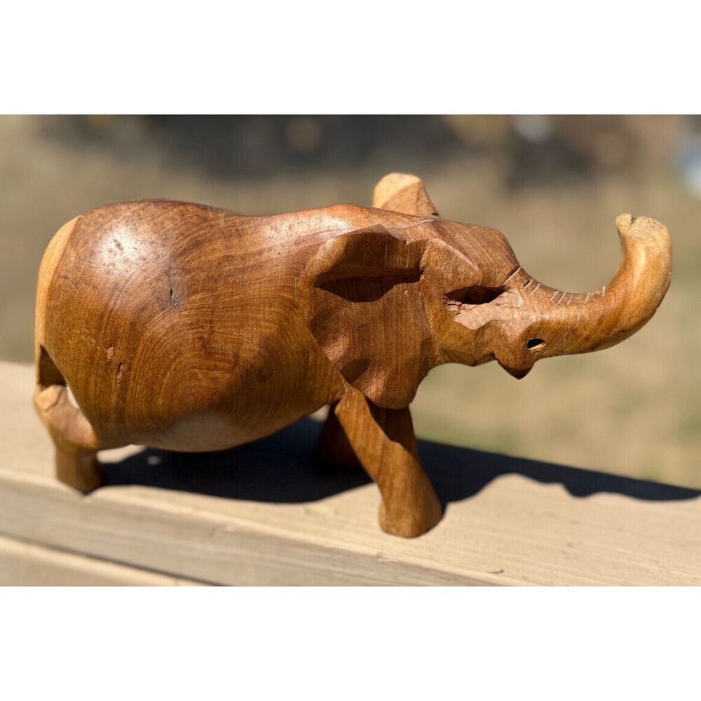 Hand Carved Wood Elephant Kenya African Decor Safari Animal 5" Tall
